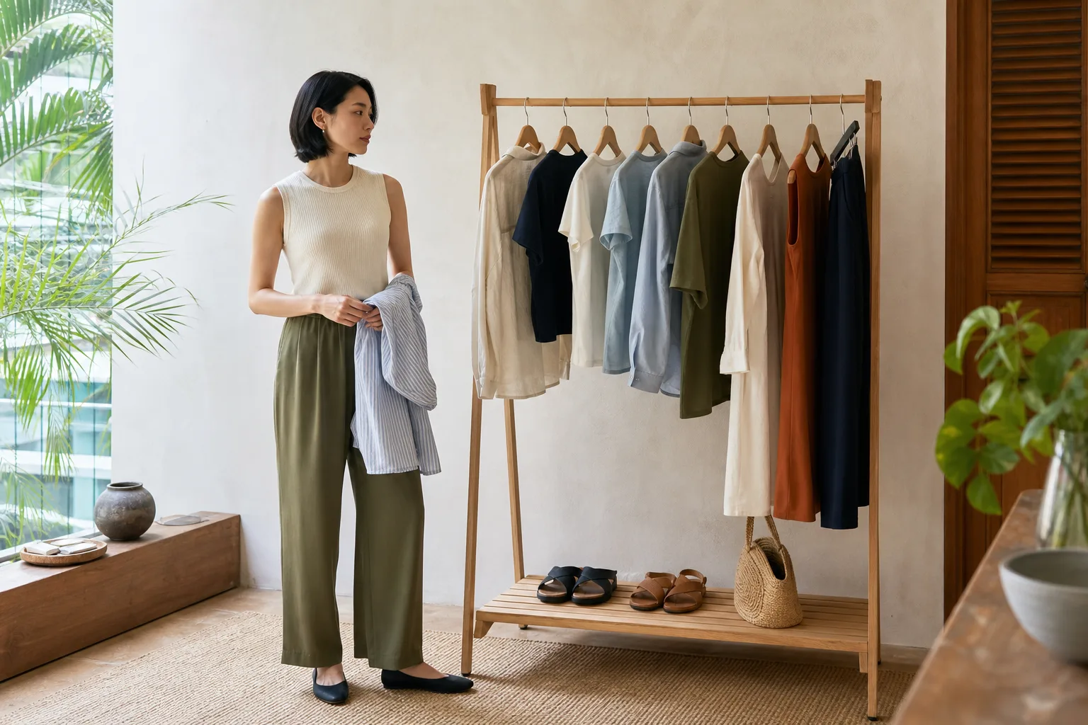 A person in a cream knit shell and olive trousers choosing a striped overshirt beside a compact neutral clothing rail