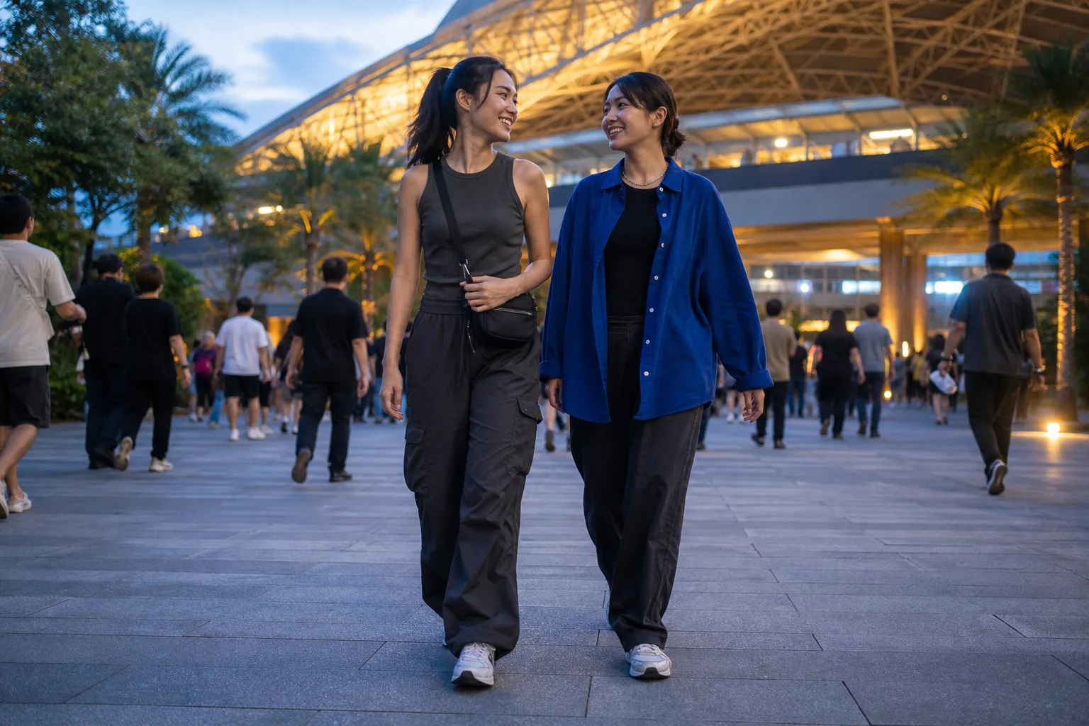 Two friends in dark cargo trousers, sneakers, and a cobalt overshirt walking toward a covered Singapore arena at dusk