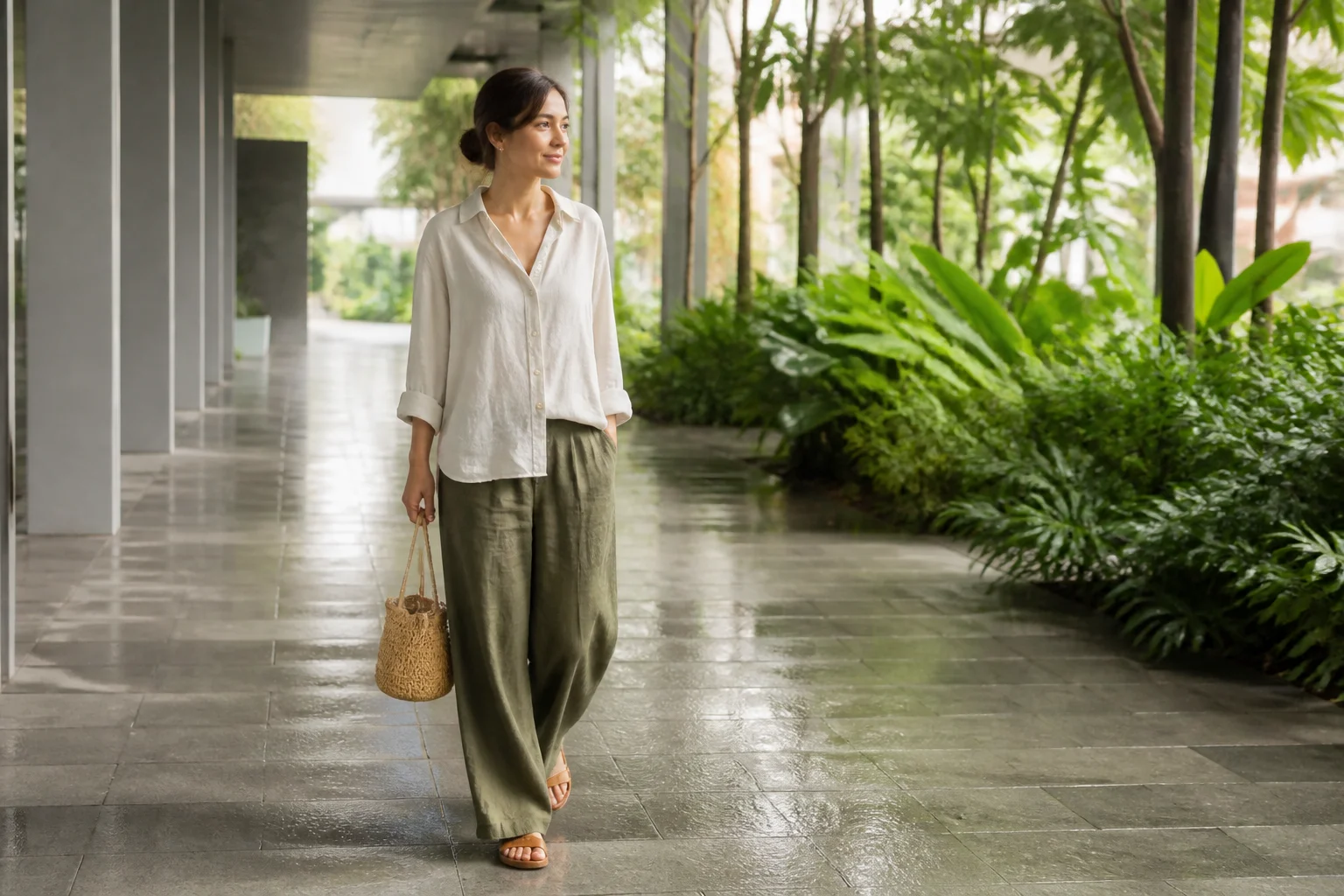 A model in a pale linen shirt, olive wide-leg trousers, and sandals walking along a green covered path after rain