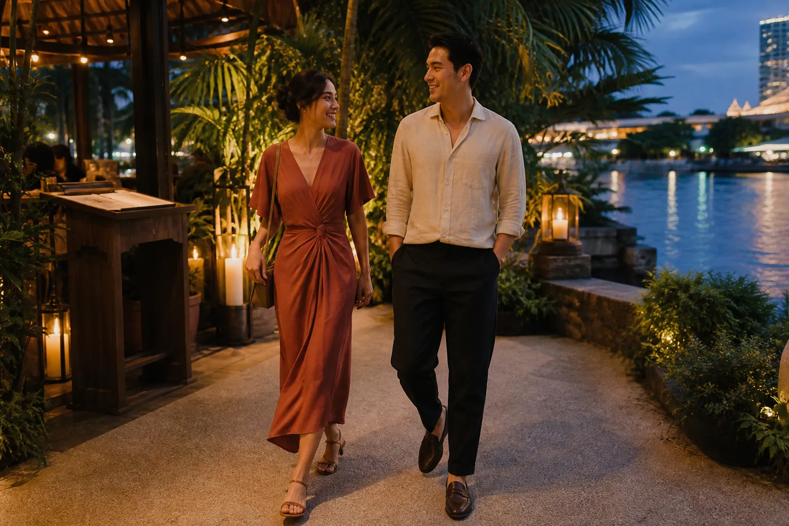 Two adults in a terracotta midi outfit and a cream open-collar shirt walking toward a tropical riverside restaurant at dusk