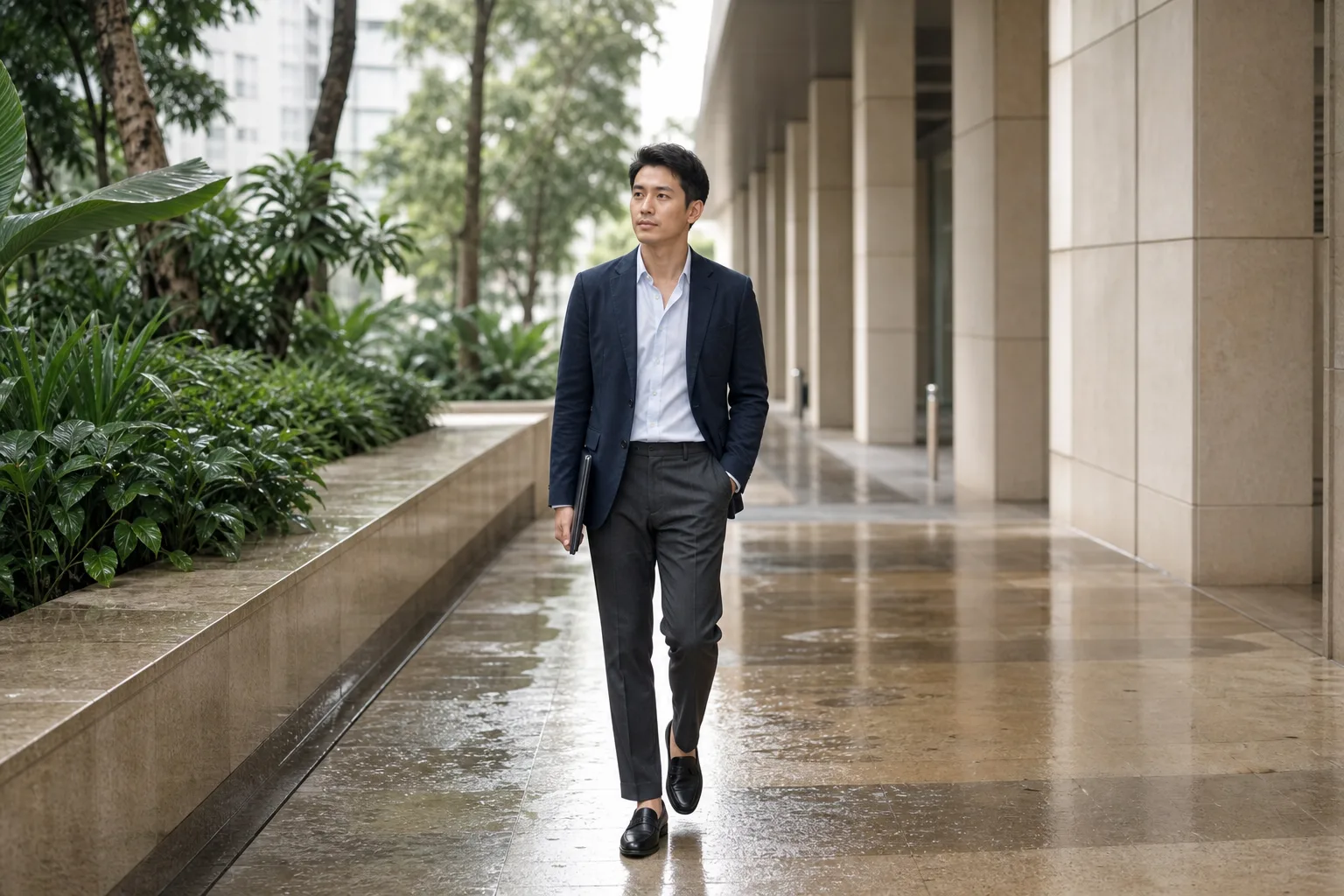 A professional in a lightweight navy blazer, pale shirt, charcoal trousers, and loafers walking through a Singapore office colonnade