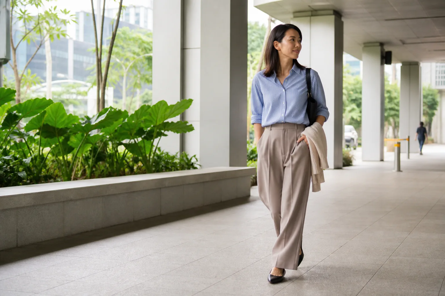 A professional in a blue striped shirt, taupe wide-leg trousers, dark flats, and a light knit on a Singapore office walkway