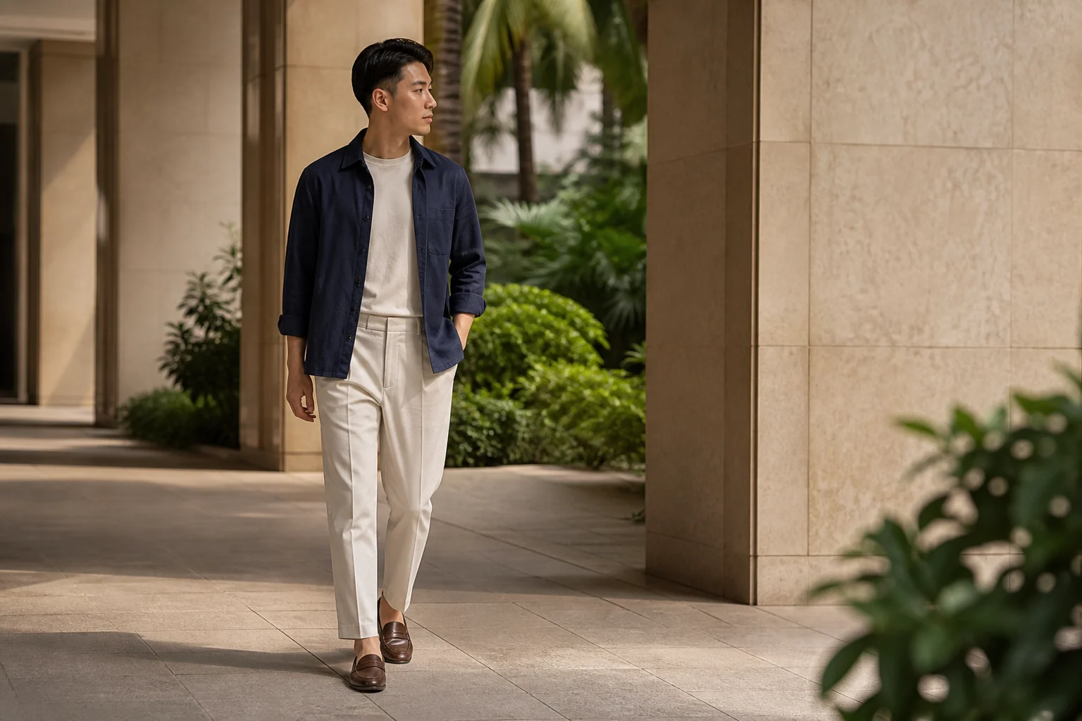 A model in a navy overshirt, ivory trousers, and brown loafers walking through a shaded tropical colonnade