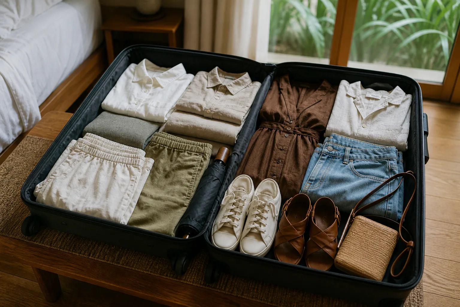 An open suitcase packed with light shirts, airy trousers, shorts, a midi dress, walking shoes, sandals, a small umbrella, and a woven bag