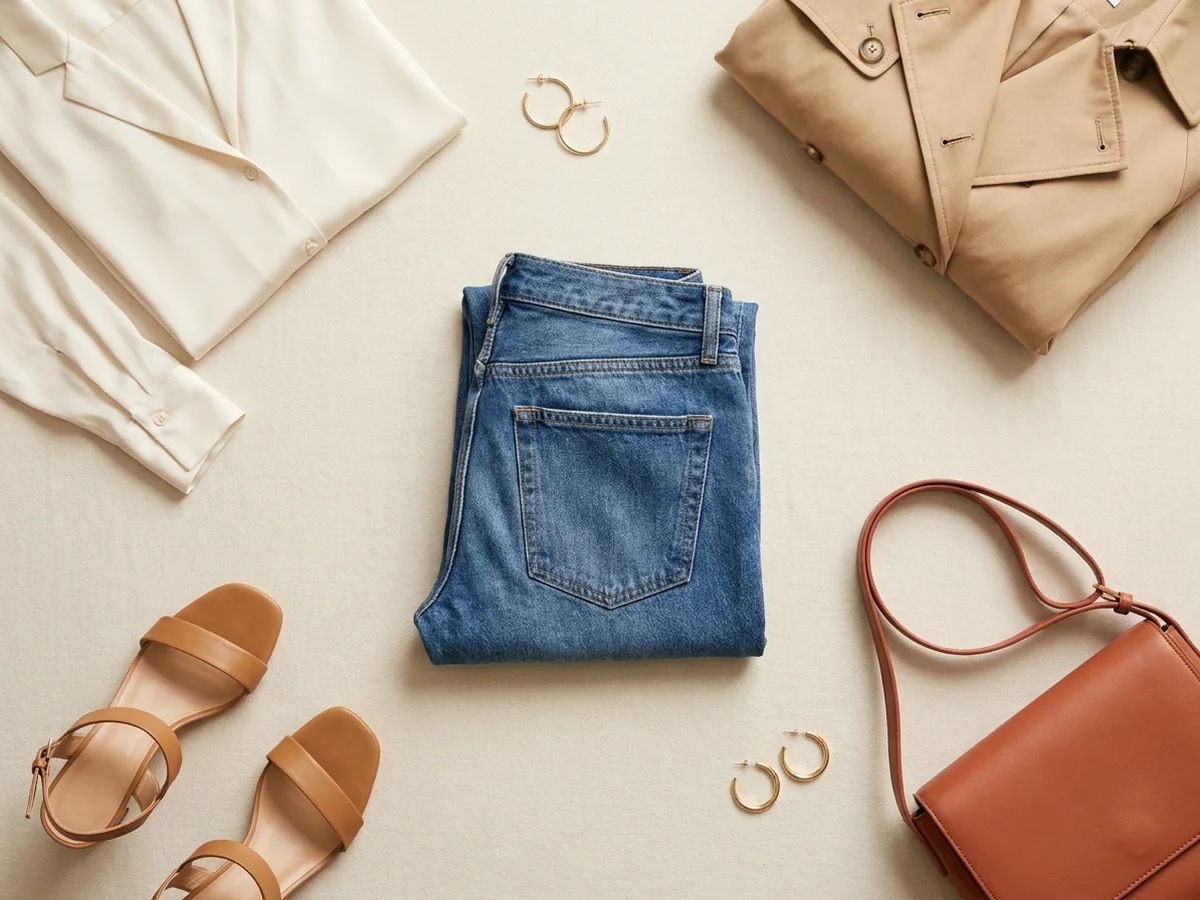 A coordinated outfit with a silk blouse, sandals, shoulder bag and cropped trench